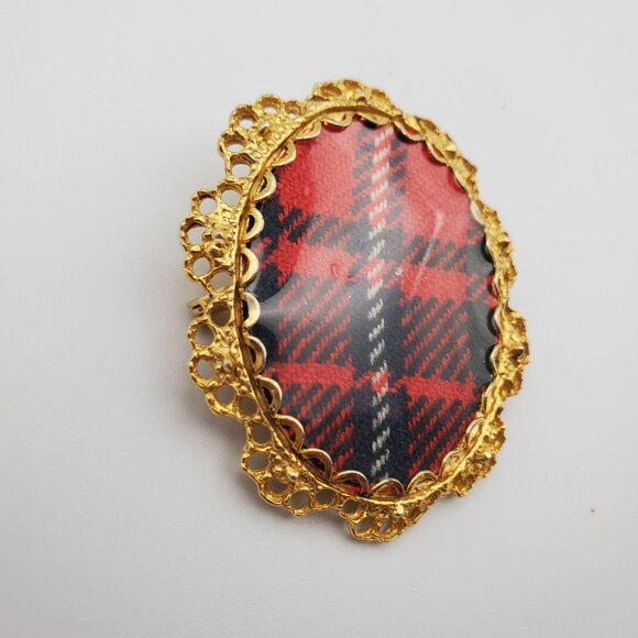 Vintage 2 in 1 Oval Tartan Plaid Gold Bezelled Pin Brooch & Pendant Ornate Bezel - Picture 3 of 6